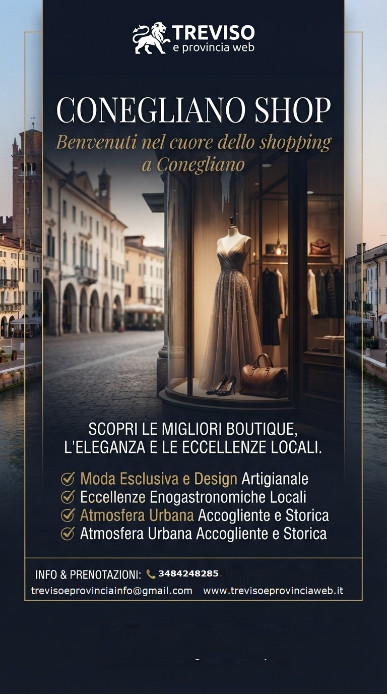 Locandina “Conegliano Shop” con vetrina di abiti eleganti, sfondo di strada storica e testo promozionale.