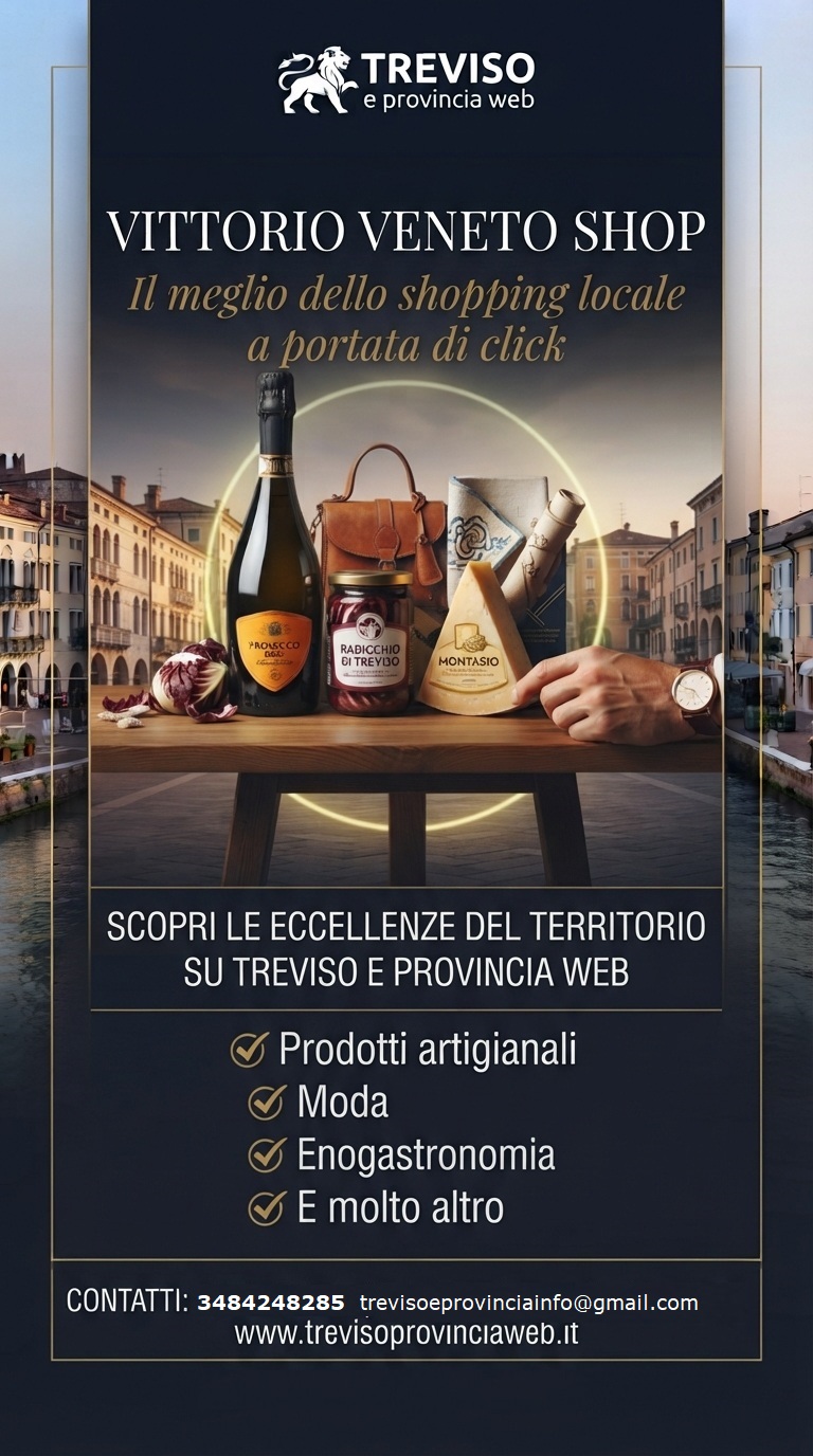 Locandina Treviso e provincia web con prodotti enogastronomici su tavolo, sfondo piazza e testo promozionale.