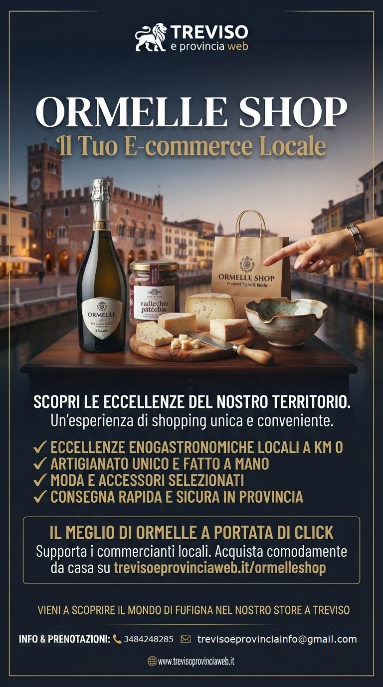 Promozione Ormelle Shop: prodotti locali su tavolo con mano che porge borsa, sfondo Treviso.