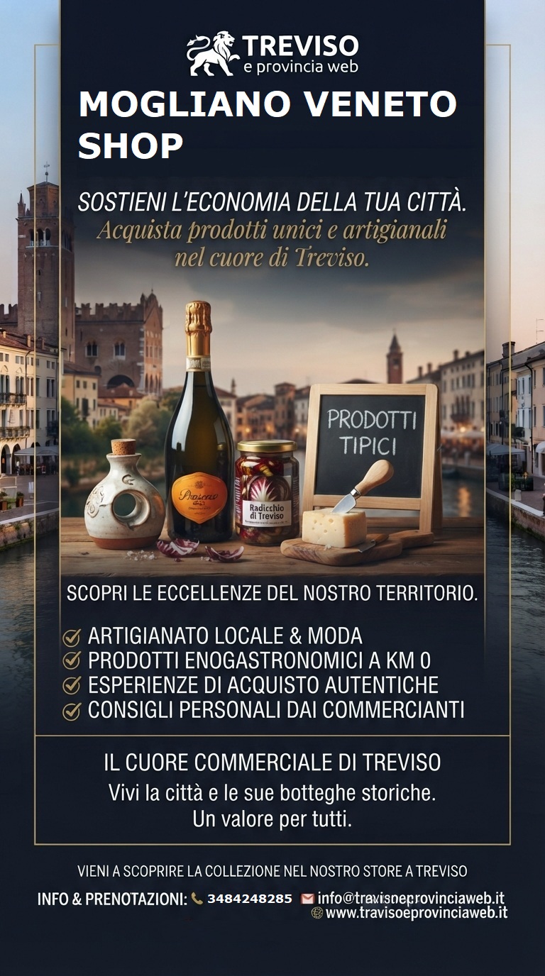 Manifesto promozionale “Mogliano Veneto Shop” con prodotti tipici, formaggio e bottiglia su sfondo cittadino.