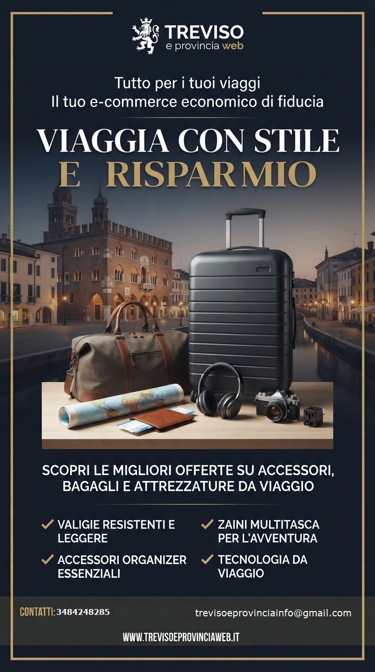 Manifesto pubblicitario con valigia grigia, accessori da viaggio e mappa, sullo sfondo di Treviso al tramonto.